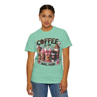 Coffee Is My Soul Food, Iced Coffee, Pink Bow - Comfort Colors | Trendy Women's T-Shirt. Direct to Garment. Printed & Shipped in the USA. Unisex Sizes.