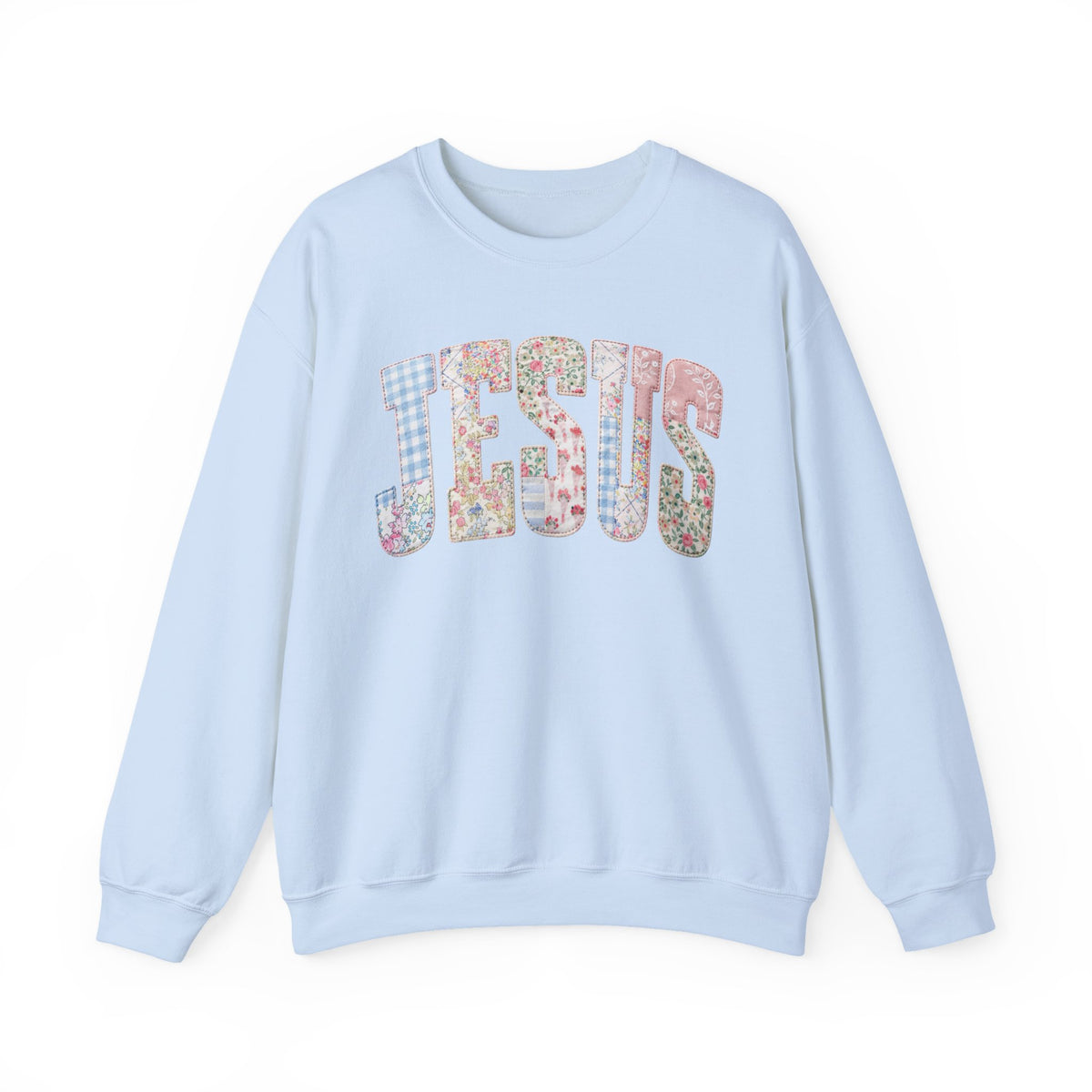 Jesus faux Patchwork – Gildan Heavy Blend | Trendy Women’s Soft Sweatshirt. Direct to Garment. Printed & Shipped in the USA. Unisex Sizes.