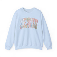 Jesus faux Patchwork – Gildan Heavy Blend | Trendy Women’s Soft Sweatshirt. Direct to Garment. Printed & Shipped in the USA. Unisex Sizes.