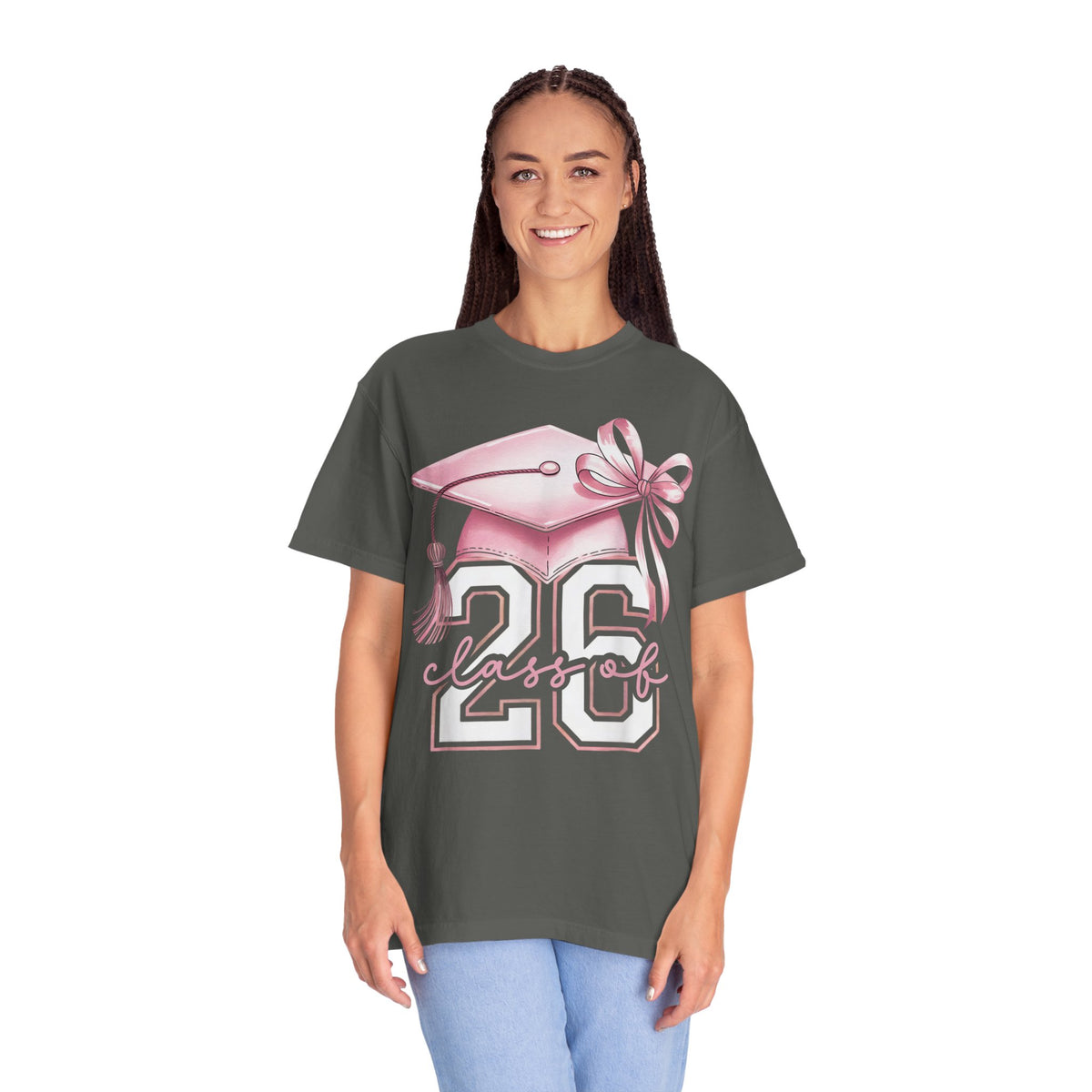 Pink Coquette, Class of 2026 Graduation Cap - Comfort Colors | Trendy Women's T-Shirt. Direct to Garment. Printed & Shipped in the USA. Unisex Sizes.
