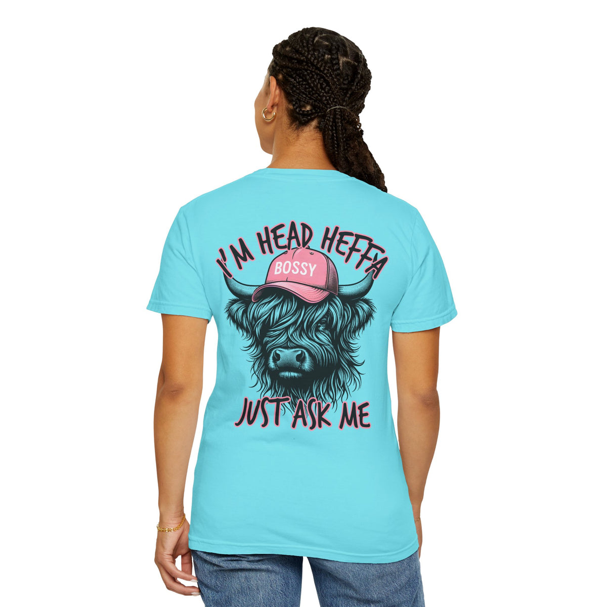 Head Heffa Highland Cow, Front & Back Print - Comfort Colors | Trendy Women's T-Shirt. Direct to Garment. Printed & Shipped in the USA. Unisex Sizes.