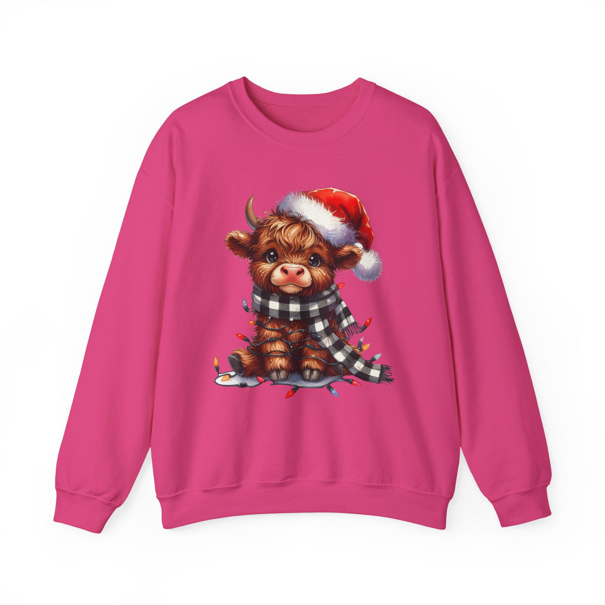Cute Highland Cow Santa Hat Scarf Christmas Lights – Gildan Heavy Blend | Trendy Women’s Soft Sweatshirt. Direct to Garment. Printed & Shipped in the USA. Unisex Sizes.