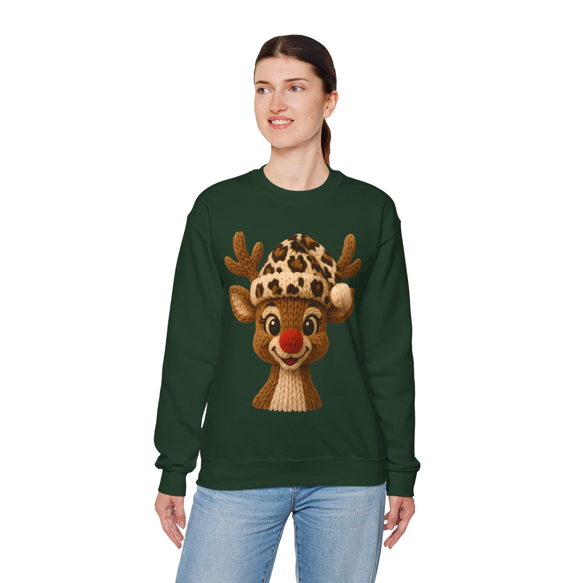 Rudolph Reindeer Leopard Santa Hat Christmas – Gildan Heavy Blend | Trendy Women’s Soft Sweatshirt. Direct to Garment. Printed & Shipped in the USA. Unisex Sizes.
