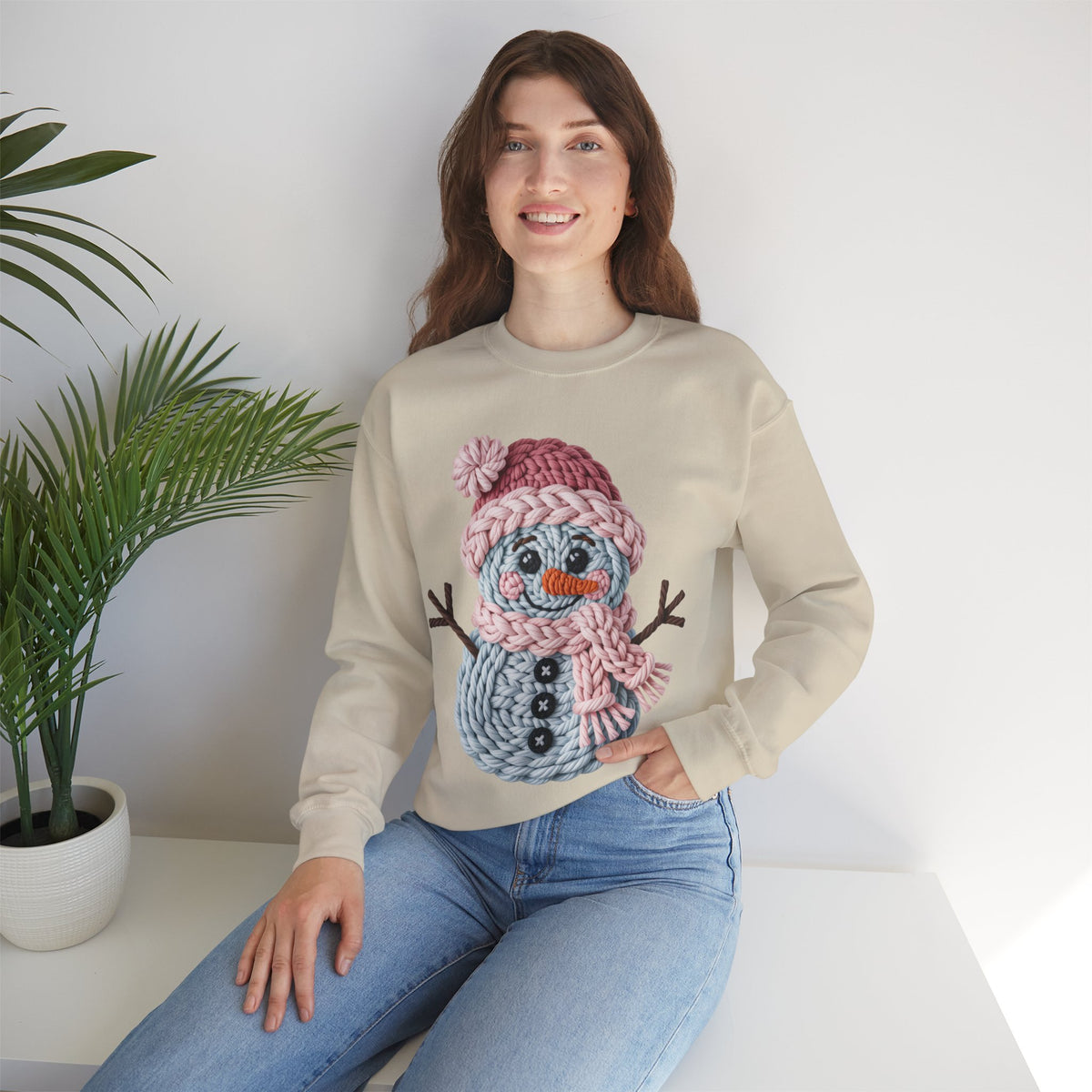 Cute Yarn Snowman - Pink Scarf Faux Yarn – Gildan Heavy Blend | Trendy Women’s Soft Sweatshirt. Direct to Garment. Printed & Shipped in the USA. Unisex Sizes.