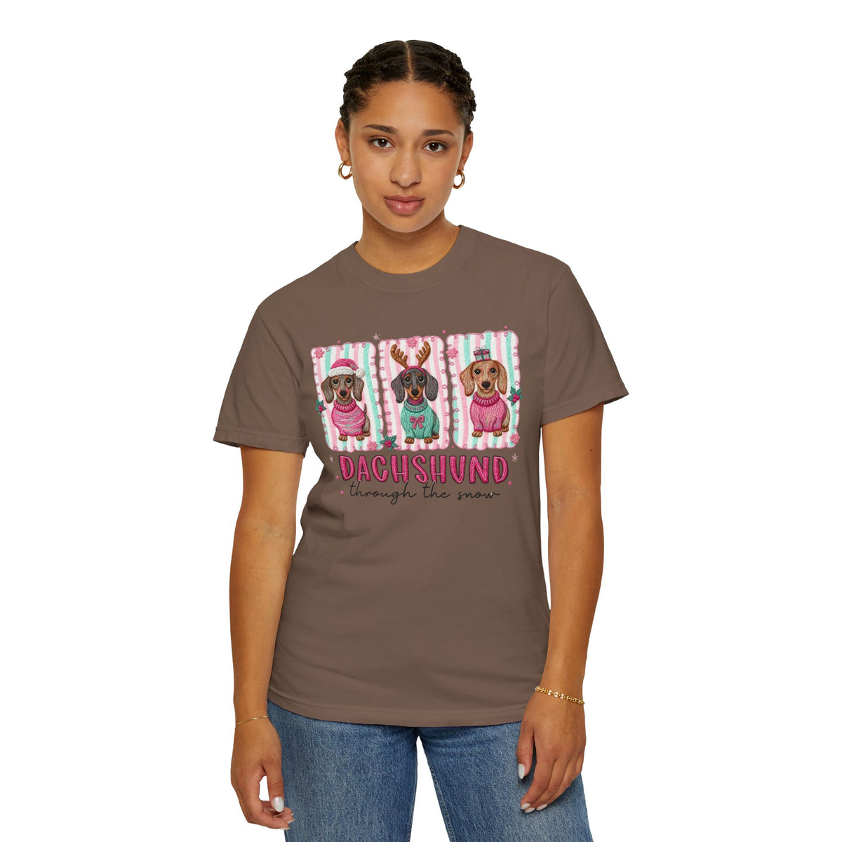 Dachshund Through the Snow - Comfort Colors | Trendy Women's T-Shirt. Direct to Garment. Printed & Shipped in the USA. Unisex Sizes.