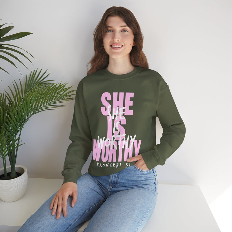 She Is Worthy – Gildan Heavy Blend | Trendy Women’s Soft Sweatshirt. Direct to Garment. Printed & Shipped in the USA. Unisex Sizes.