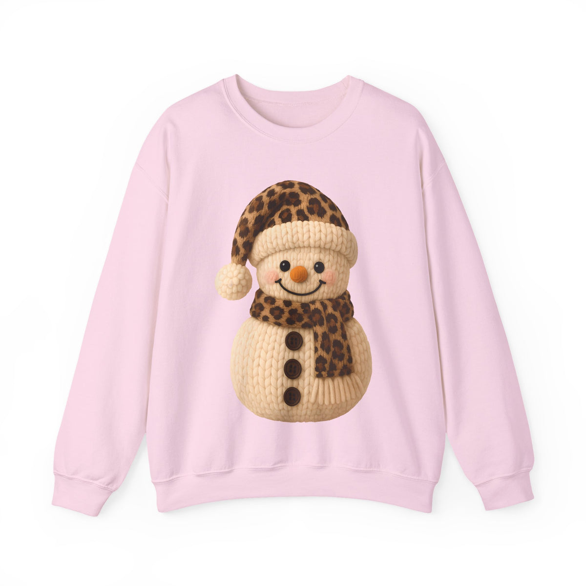 Cute Leopard Faux Knit Snowman Winter – Gildan Heavy Blend | Trendy Women’s Soft Sweatshirt. Direct to Garment. Printed & Shipped in the USA. Unisex Sizes.