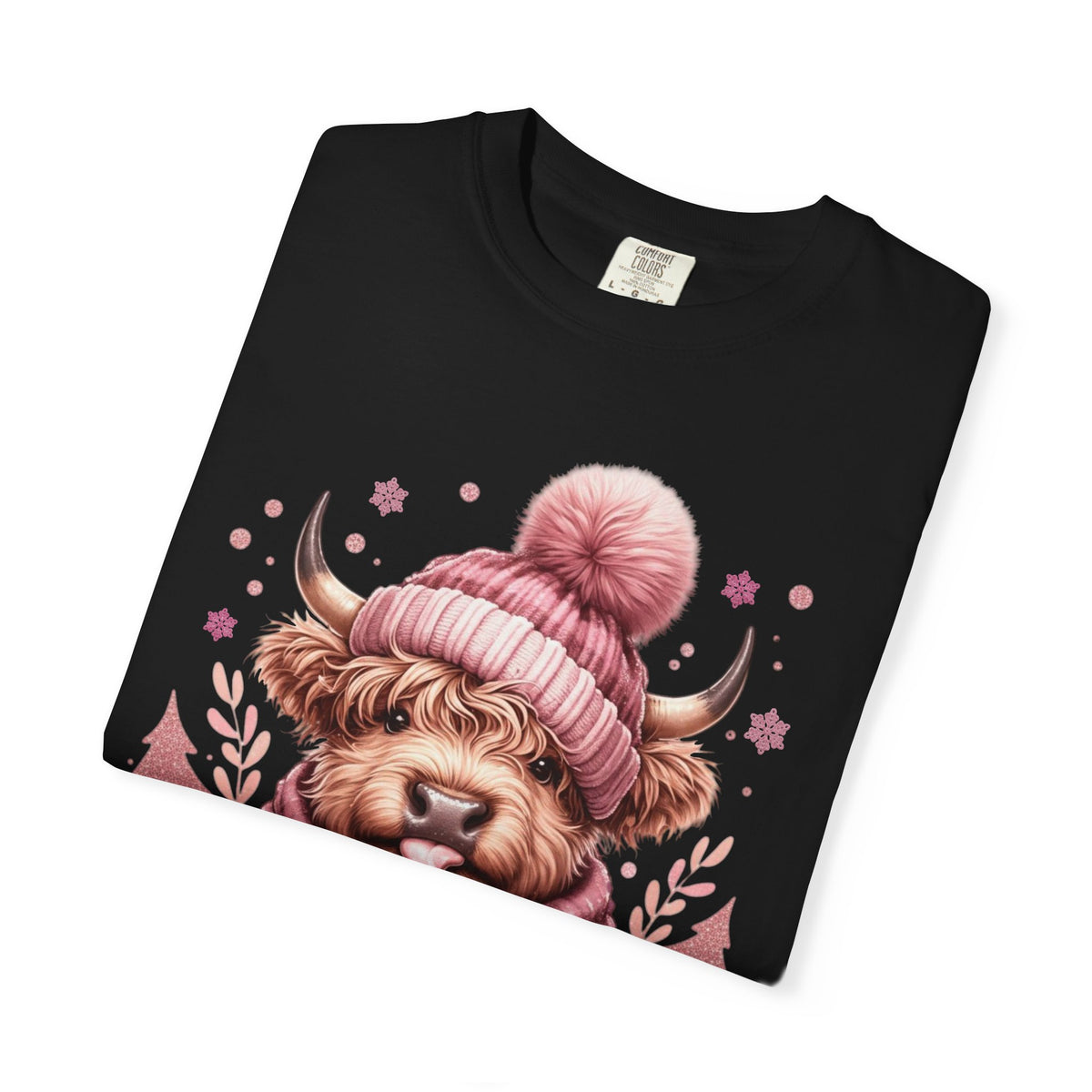 Cozy Highland Cow, Winter Coffee Mug & Scarf - Comfort Colors | Trendy Women's T-Shirt. Direct to Garment. Printed & Shipped in the USA. Unisex Sizes.