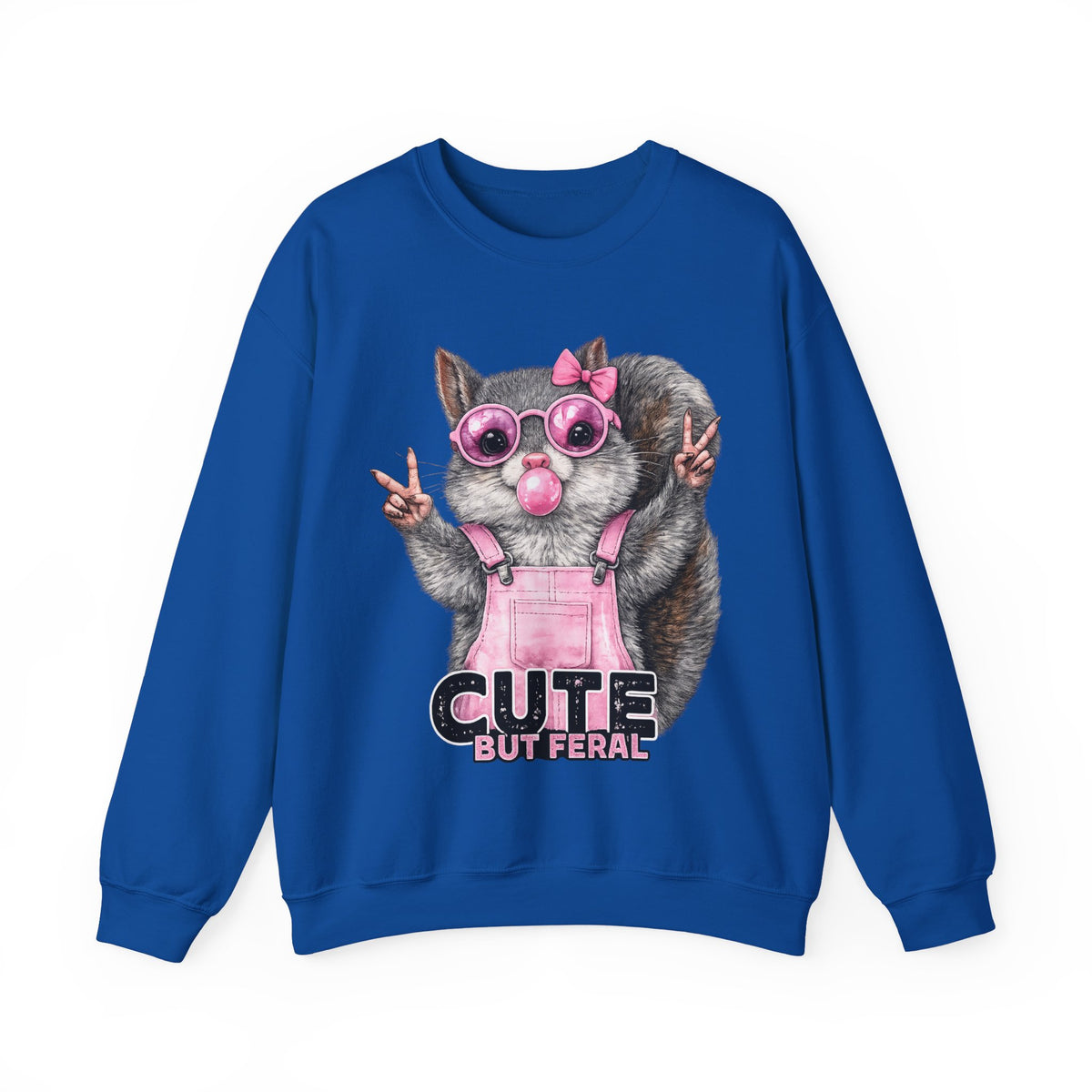 Cute But Feral, Squirrel in Pink Bibs – Gildan Heavy Blend | Trendy Women’s Soft Sweatshirt. Direct to Garment. Printed & Shipped in the USA. Unisex Sizes.