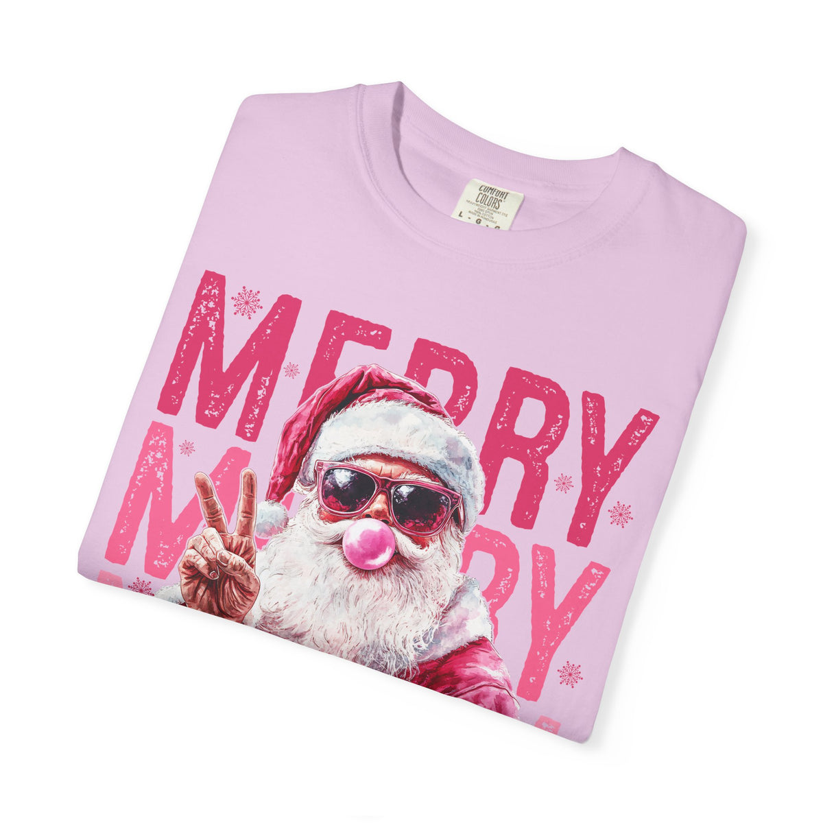 Pink Merry Christmas Bubblegum Santa - Comfort Colors | Trendy Women's T-Shirt. Direct to Garment. Printed & Shipped in the USA. Unisex Sizes.