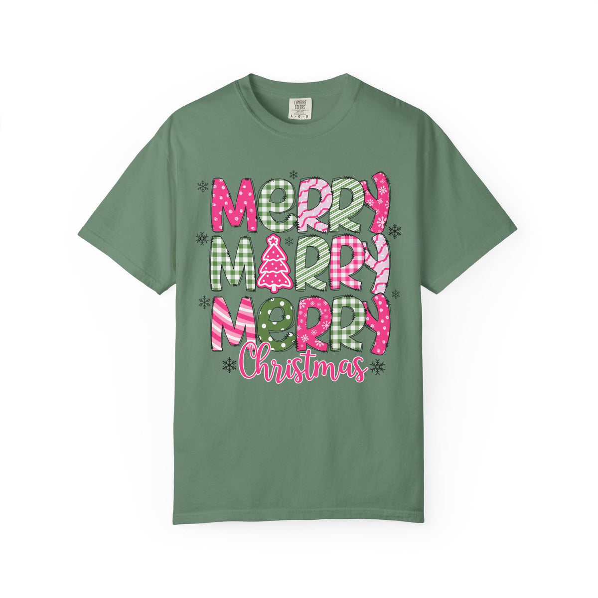Merry Merry Merry Christmas, Festive Candy Cane & Pink and Green Plaid - Comfort Colors | Trendy Women's T-Shirt. Direct to Garment. Printed & Shipped in the USA. Unisex Sizes.