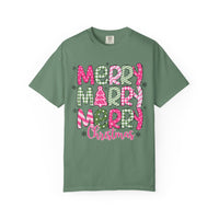 Merry Merry Merry Christmas, Festive Candy Cane & Pink and Green Plaid - Comfort Colors | Trendy Women's T-Shirt. Direct to Garment. Printed & Shipped in the USA. Unisex Sizes.