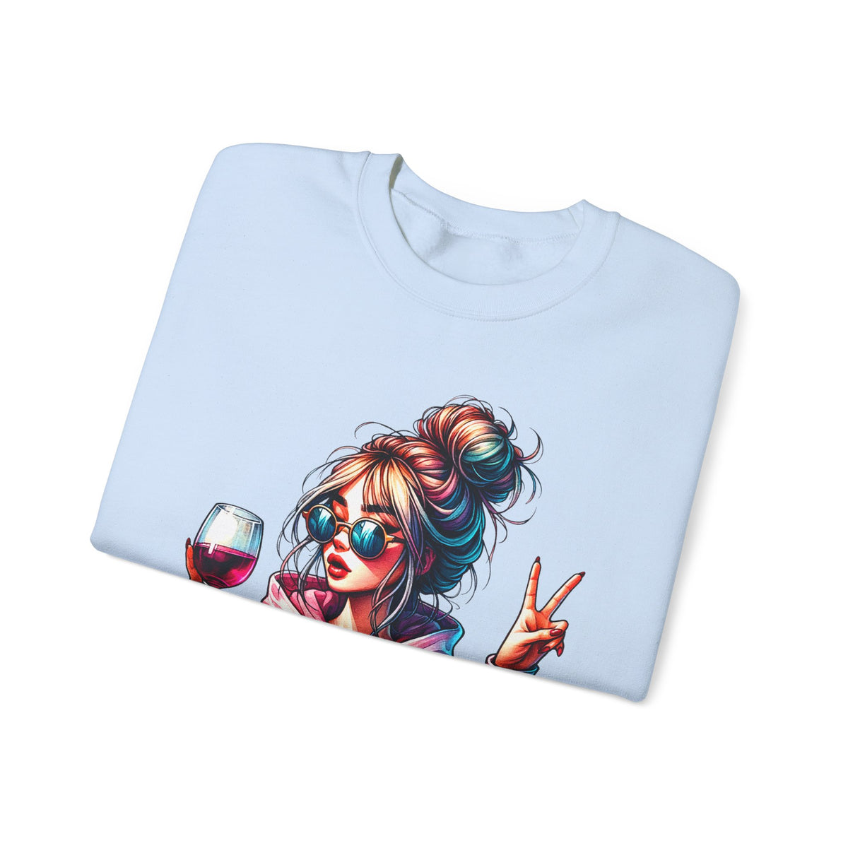 Dramatic Girl With Wine Messy Bun Peace Sign – Gildan Heavy Blend | Trendy Women’s Soft Sweatshirt. Direct to Garment. Printed & Shipped in the USA. Unisex Sizes.