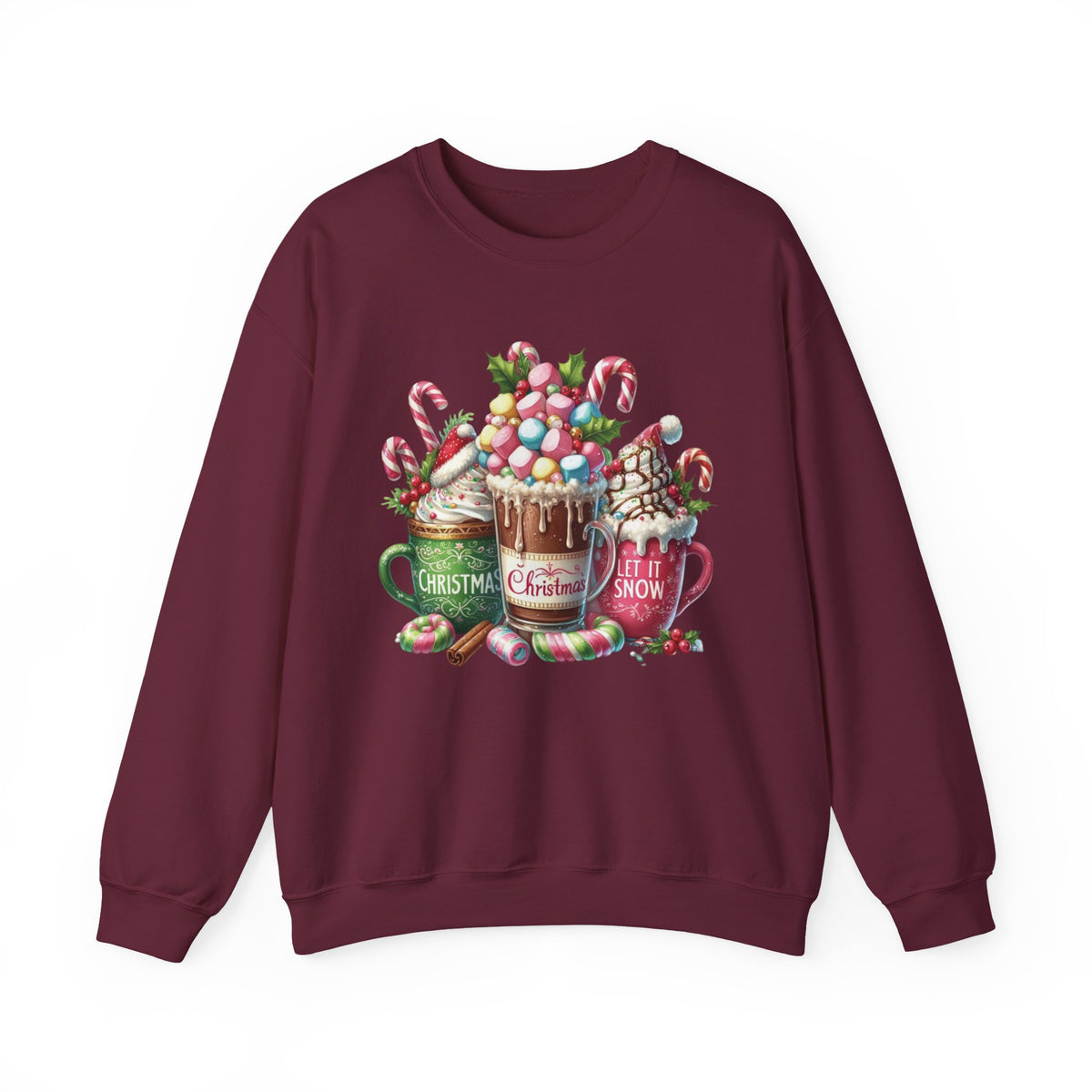 Hot Chocolate Mugs Christmas Hot Cocoa – Gildan Heavy Blend | Trendy Women’s Soft Sweatshirt. Direct to Garment. Printed & Shipped in the USA. Unisex Sizes.