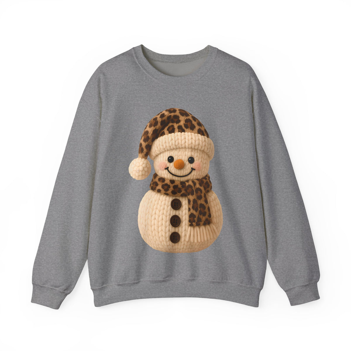 Cute Leopard Faux Knit Snowman Winter – Gildan Heavy Blend | Trendy Women’s Soft Sweatshirt. Direct to Garment. Printed & Shipped in the USA. Unisex Sizes.