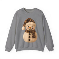 Cute Leopard Faux Knit Snowman Winter – Gildan Heavy Blend | Trendy Women’s Soft Sweatshirt. Direct to Garment. Printed & Shipped in the USA. Unisex Sizes.