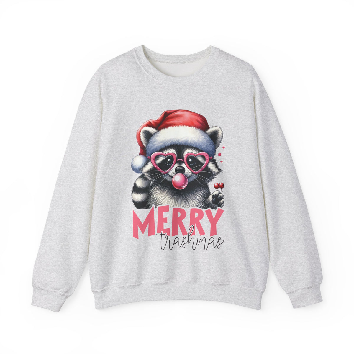 Merry Trashmas Bubblegum Raccoon w/Santa Hat Christmas – Gildan Heavy Blend | Trendy Women’s Soft Sweatshirt. Direct to Garment. Printed & Shipped in the USA. Unisex Sizes.