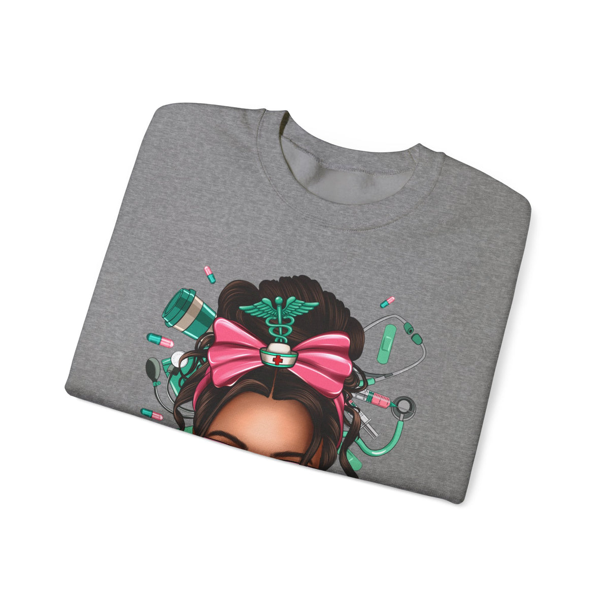 Nurse Life Messy Bun, Cute Stethoscope & Syringe – Gildan Heavy Blend | Trendy Women’s Soft Sweatshirt. Direct to Garment. Printed & Shipped in the USA. Unisex Sizes.
