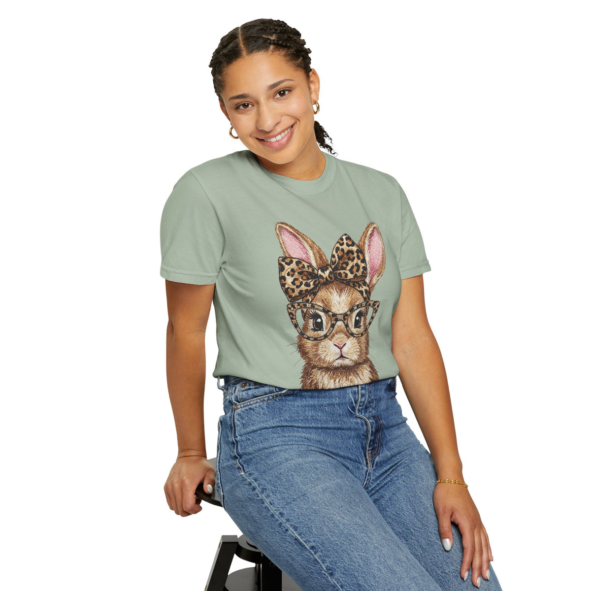 Bunny with Leopard Bow and Glasses - Comfort Colors | Trendy Women's T-Shirt. Direct to Garment. Printed & Shipped in the USA. Unisex Sizes.
