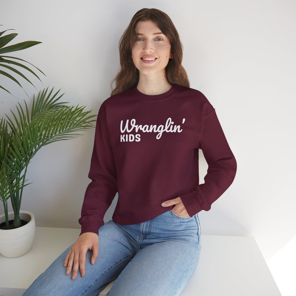 Wranglin' Kids Funny Mom Dad – Gildan Heavy Blend | Trendy Women’s and Men's Soft Sweatshirt. Direct to Garment. Printed & Shipped in the USA. Unisex Sizes.