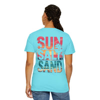 Sun Salt Sand, Beach Sunset - Front & Back Print - Comfort Colors | Trendy Women's and Men's T-Shirt. Direct to Garment. Printed & Shipped in the USA. Unisex Sizes.
