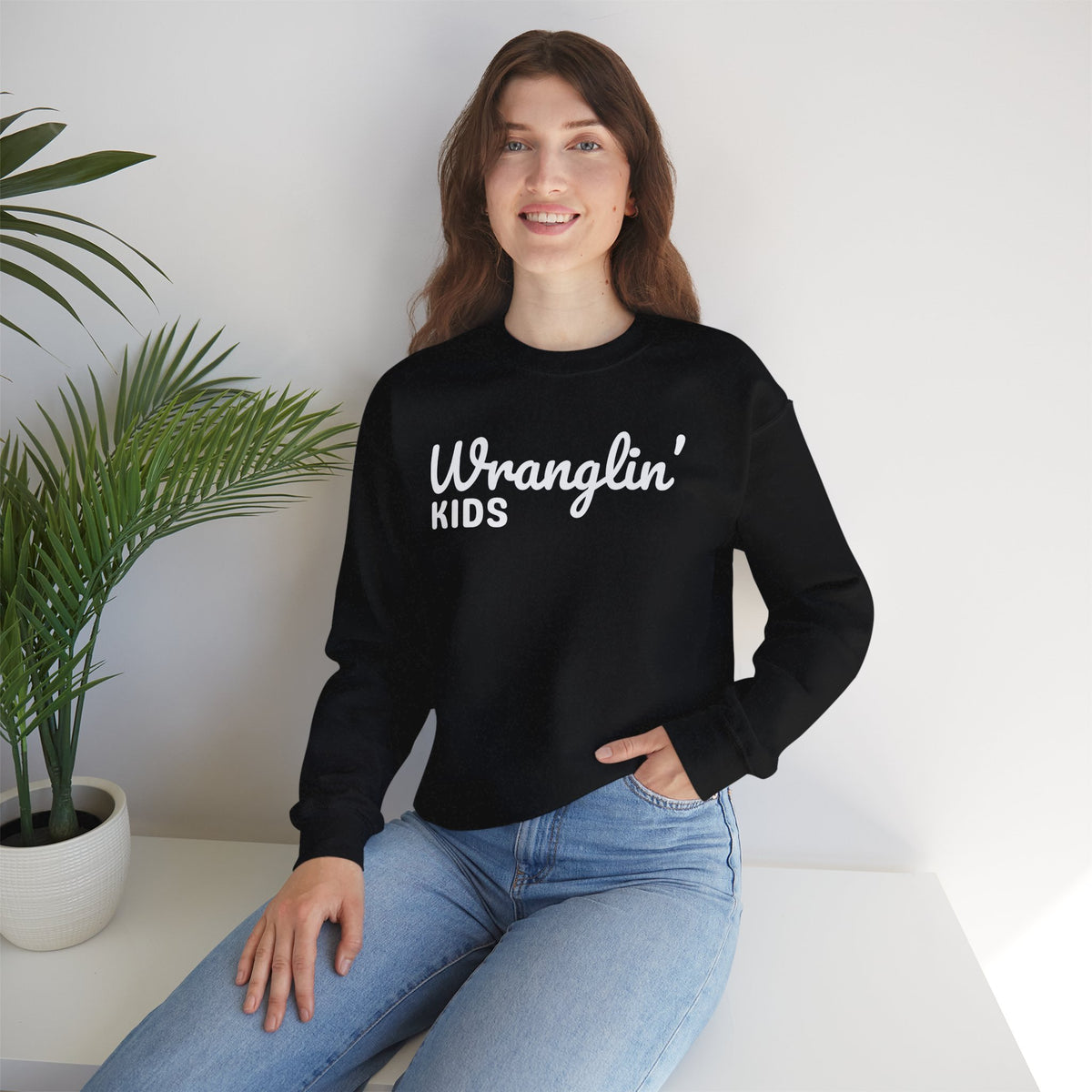 Wranglin' Kids Funny Mom Dad – Gildan Heavy Blend | Trendy Women’s and Men's Soft Sweatshirt. Direct to Garment. Printed & Shipped in the USA. Unisex Sizes.