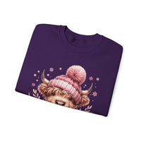 Cozy Highland Cow, Winter Coffee Mug & Scarf Pink – Gildan Heavy Blend | Trendy Women’s Soft Sweatshirt. Direct to Garment. Printed & Shipped in the USA. Unisex Sizes.