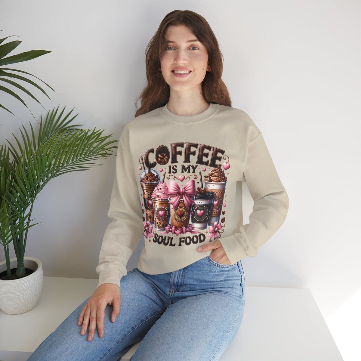 Coffee Is My Soul Food, Iced Coffee, Pink Bow – Gildan Heavy Blend | Trendy Women’s Soft Sweatshirt. Direct to Garment. Printed & Shipped in the USA. Unisex Sizes.
