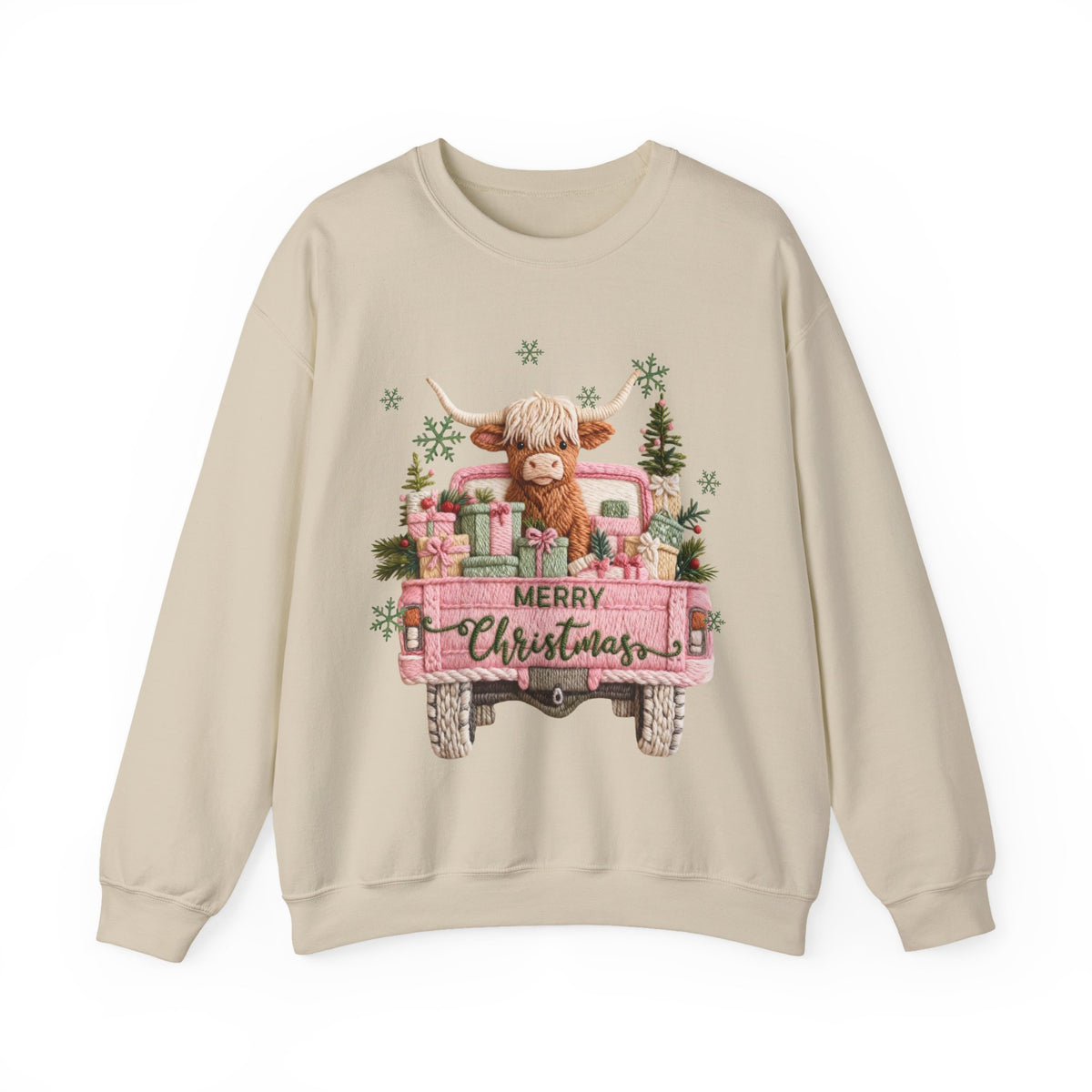Highland Cow in Pink Truck Merry Christmas Holiday Farmhouse – Gildan Heavy Blend | Trendy Women’s Soft Sweatshirt. Direct to Garment. Printed & Shipped in the USA. Unisex Sizes.