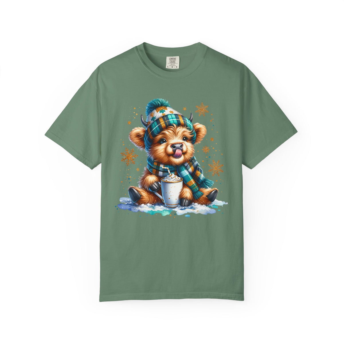 Winter Baby Highland Cow with Cocoa  - Comfort Colors | Trendy Women's T-Shirt. Direct to Garment. Printed & Shipped in the USA. Unisex Sizes.