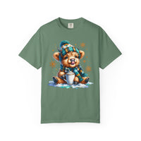 Winter Baby Highland Cow with Cocoa  - Comfort Colors | Trendy Women's T-Shirt. Direct to Garment. Printed & Shipped in the USA. Unisex Sizes.