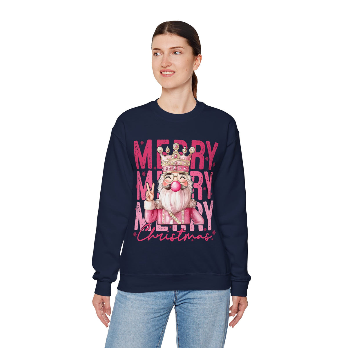 Merry Christmas - Cute Pink Bubblegum Nutcracker – Gildan Heavy Blend | Trendy Women’s Soft Sweatshirt. Direct to Garment. Printed & Shipped in the USA. Unisex Sizes.