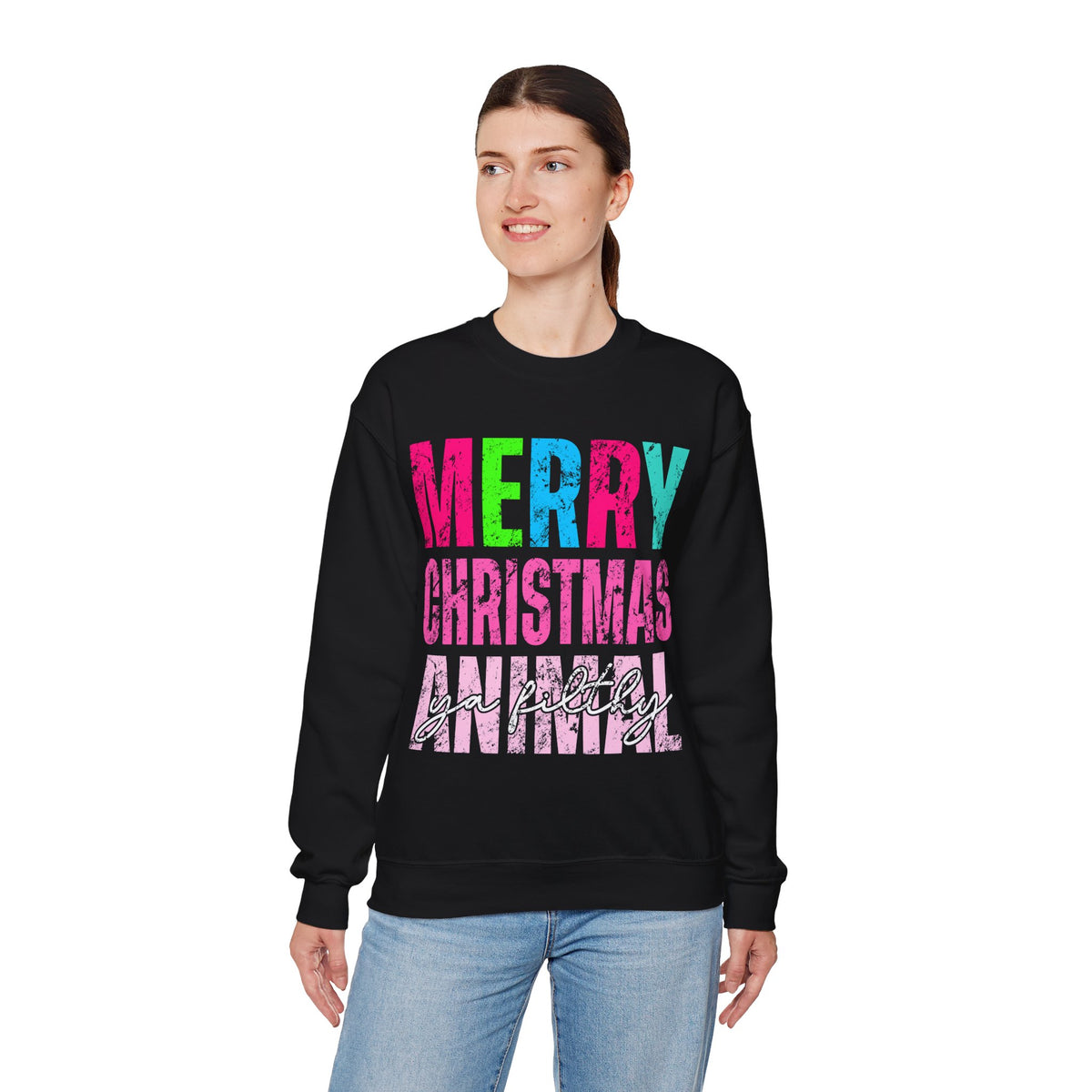 Merry Christmas Ya Filthy Animal – Gildan Heavy Blend | Trendy Women’s Soft Sweatshirt. Direct to Garment. Printed & Shipped in the USA. Unisex Sizes.