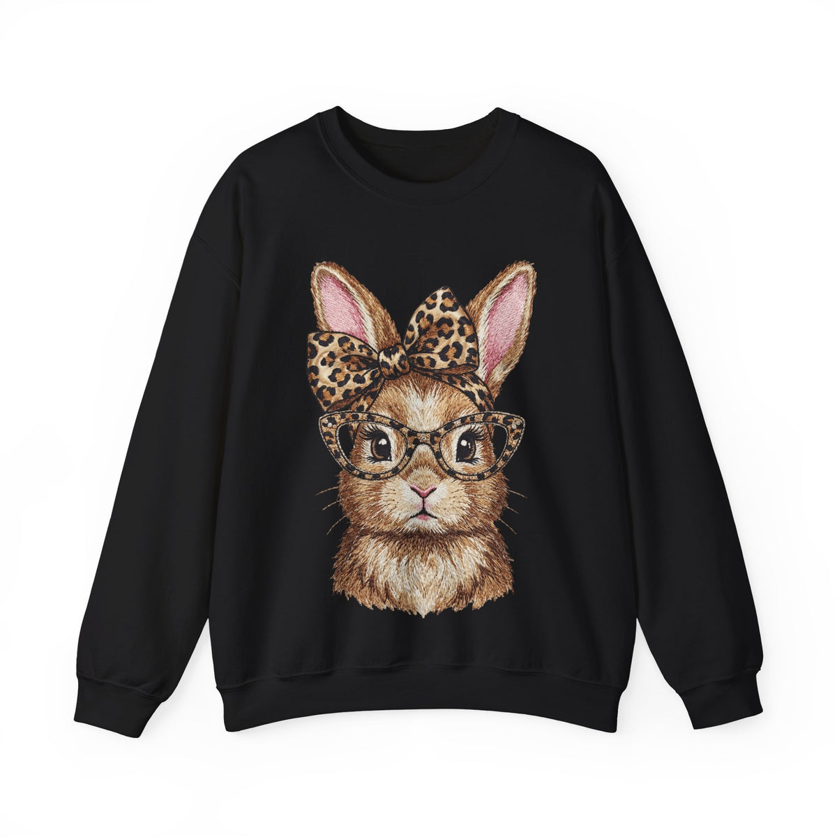 Bunny with Leopard Glasses and Bow – Gildan Heavy Blend | Trendy Women’s Soft Sweatshirt. Direct to Garment. Printed & Shipped in the USA. Unisex Sizes.