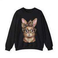 Bunny with Leopard Glasses and Bow – Gildan Heavy Blend | Trendy Women’s Soft Sweatshirt. Direct to Garment. Printed & Shipped in the USA. Unisex Sizes.