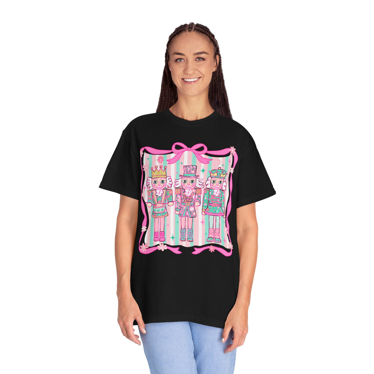 Coquette Pastel Christmas Nutcracker Trio Pink and Green - Comfort Colors | Trendy Women's T-Shirt. Direct to Garment. Printed & Shipped in the USA. Unisex Sizes.