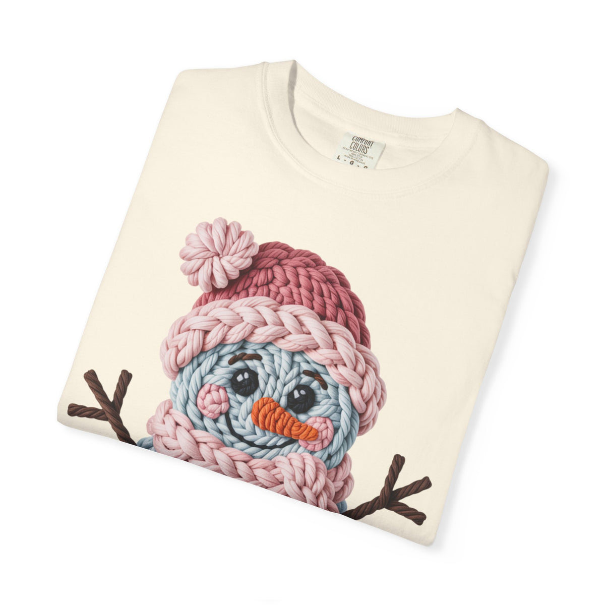 Cute Yarn Snowman - Pink Scarf - Comfort Colors | Trendy Women's T-Shirt. Direct to Garment. Printed & Shipped in the USA. Unisex Sizes.