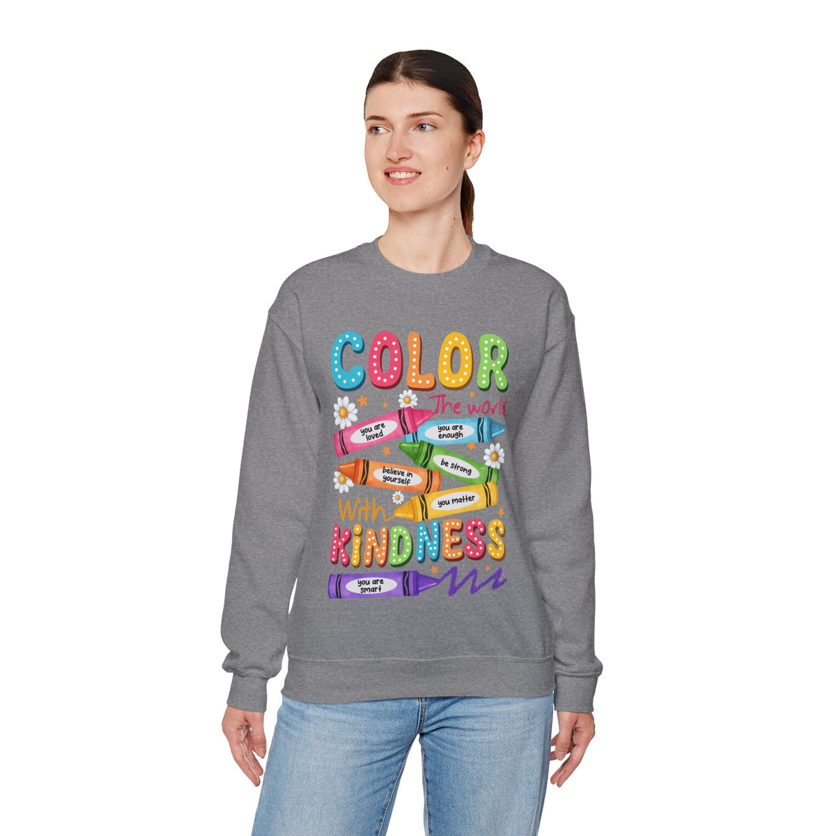 Color the World With Kindness Crayons, Great Teacher Gift – Gildan Heavy Blend | Trendy Women’s and Men's Soft Sweatshirt. Direct to Garment. Printed & Shipped in the USA. Unisex Sizes.