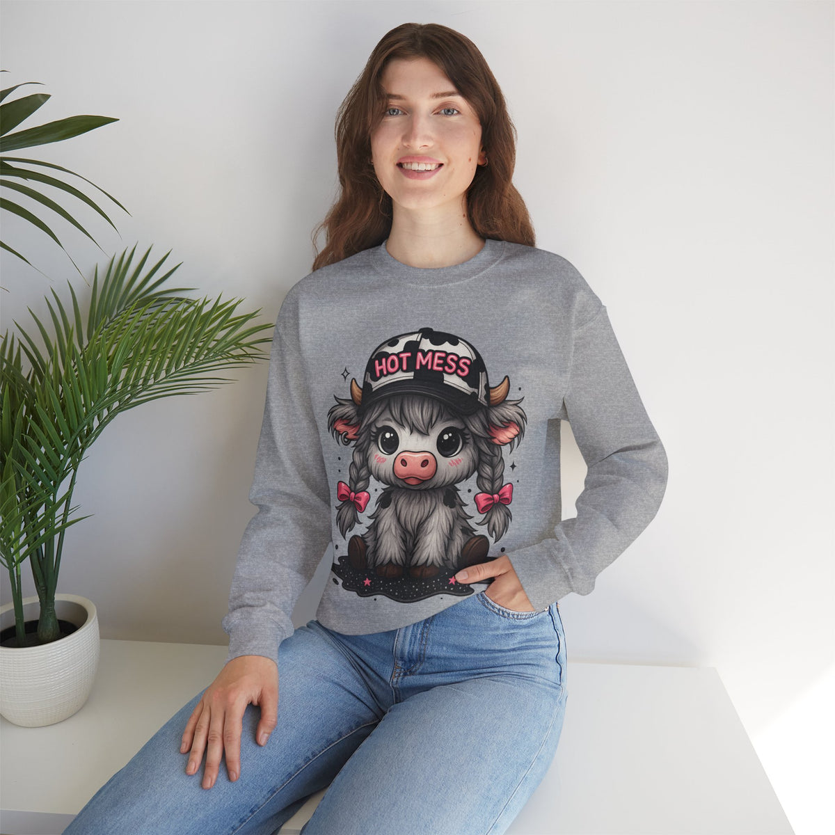 Cute Highland Cow 'Hot Mess' In Braids – Gildan Heavy Blend | Trendy Women’s Soft Sweatshirt. Direct to Garment. Printed & Shipped in the USA. Unisex Sizes.