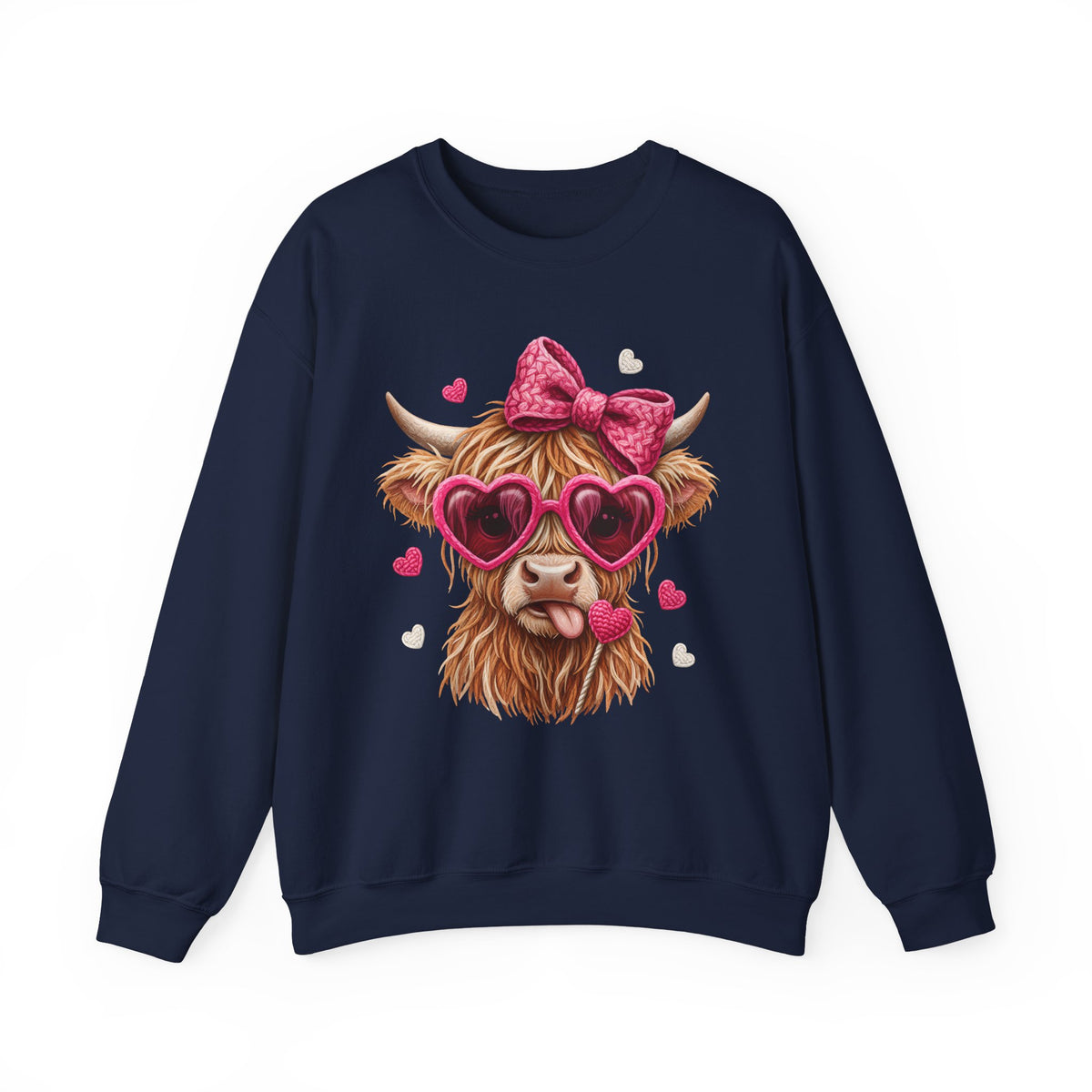 Highland Cow - Pink Heart Shaped Glasses – Gildan Heavy Blend | Trendy Women’s Soft Sweatshirt. Direct to Garment. Printed & Shipped in the USA. Unisex Sizes.