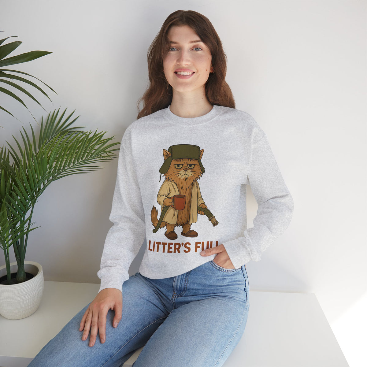 Litter's Full, Funny Cat – Gildan Heavy Blend | Trendy Men's and Women’s Soft Sweatshirt. Direct to Garment. Printed & Shipped in the USA. Unisex Sizes.