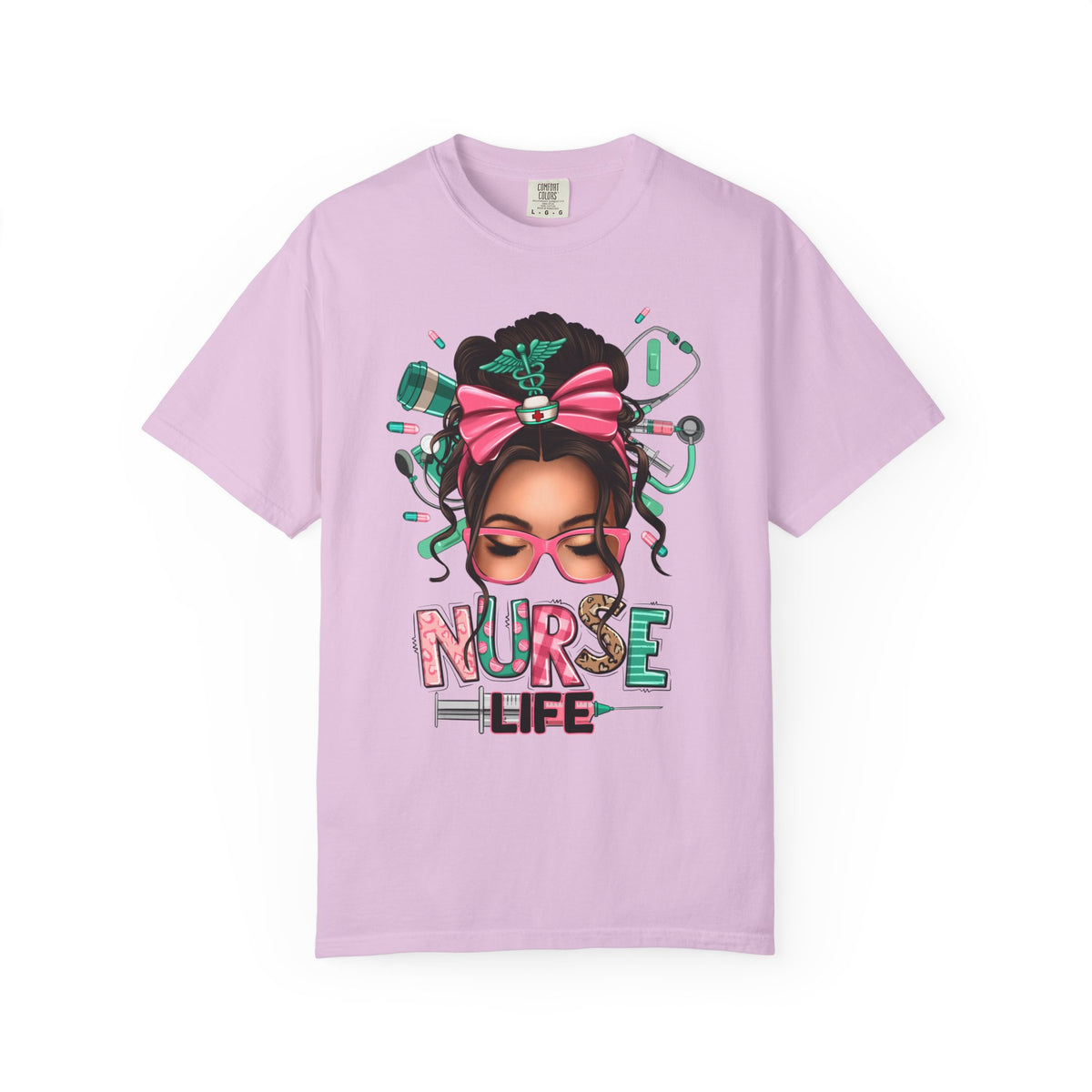 Nurse Life Messy Bun, Cute Stethoscope & Syringe - Comfort Colors | Trendy Women's T-Shirt. Direct to Garment. Printed & Shipped in the USA. Unisex Sizes.