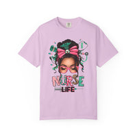 Nurse Life Messy Bun, Cute Stethoscope & Syringe - Comfort Colors | Trendy Women's T-Shirt. Direct to Garment. Printed & Shipped in the USA. Unisex Sizes.