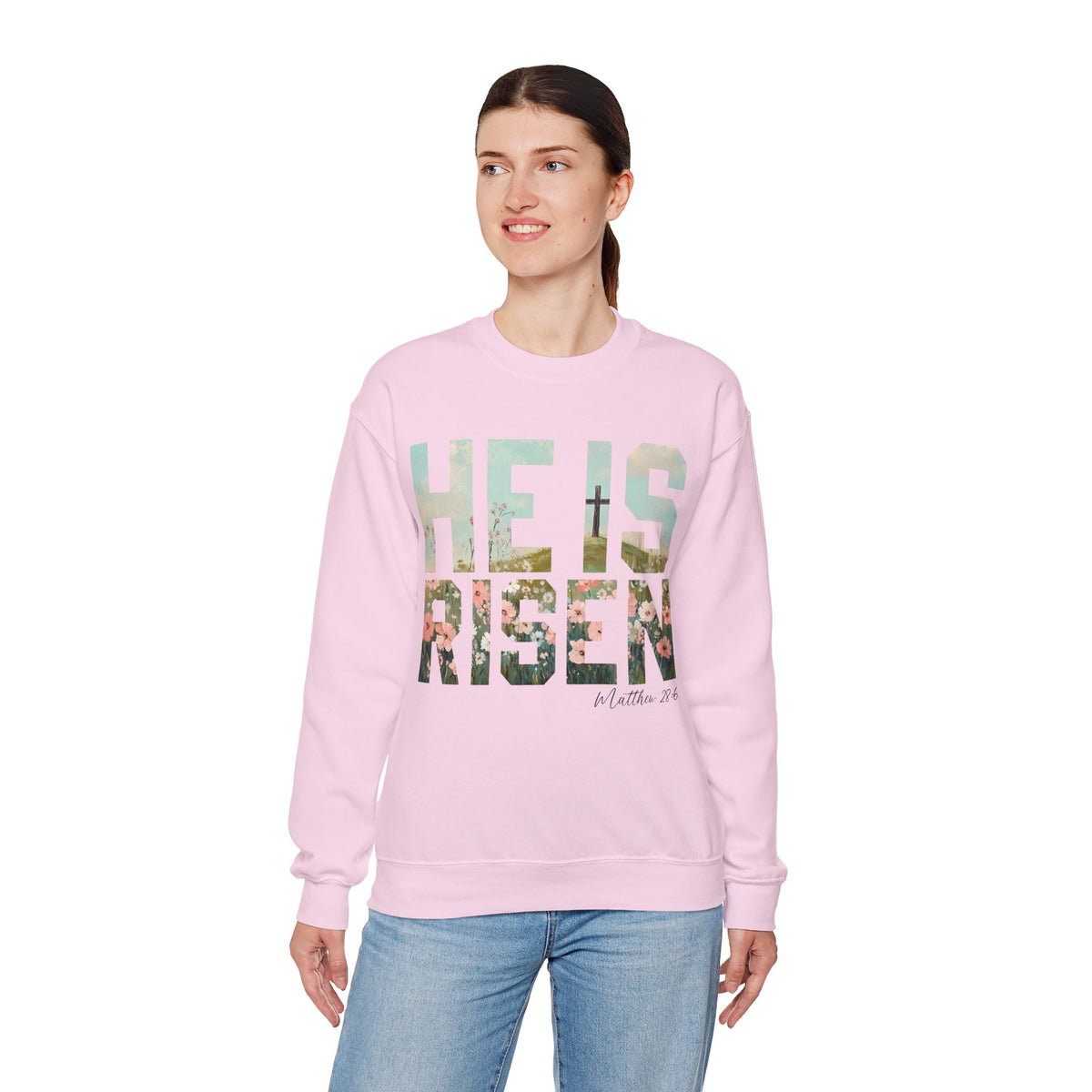 He Is Risen, Christian Floral Easter – Gildan Heavy Blend | Trendy Women’s Soft Sweatshirt. Direct to Garment. Printed & Shipped in the USA. Unisex Sizes.