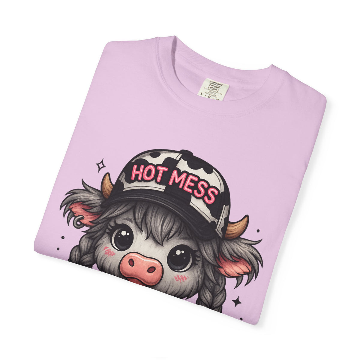Cute Highland Cow 'Hot Mess' In Braids  - Comfort Colors | Trendy Women's T-Shirt. Direct to Garment. Printed & Shipped in the USA. Unisex Sizes.