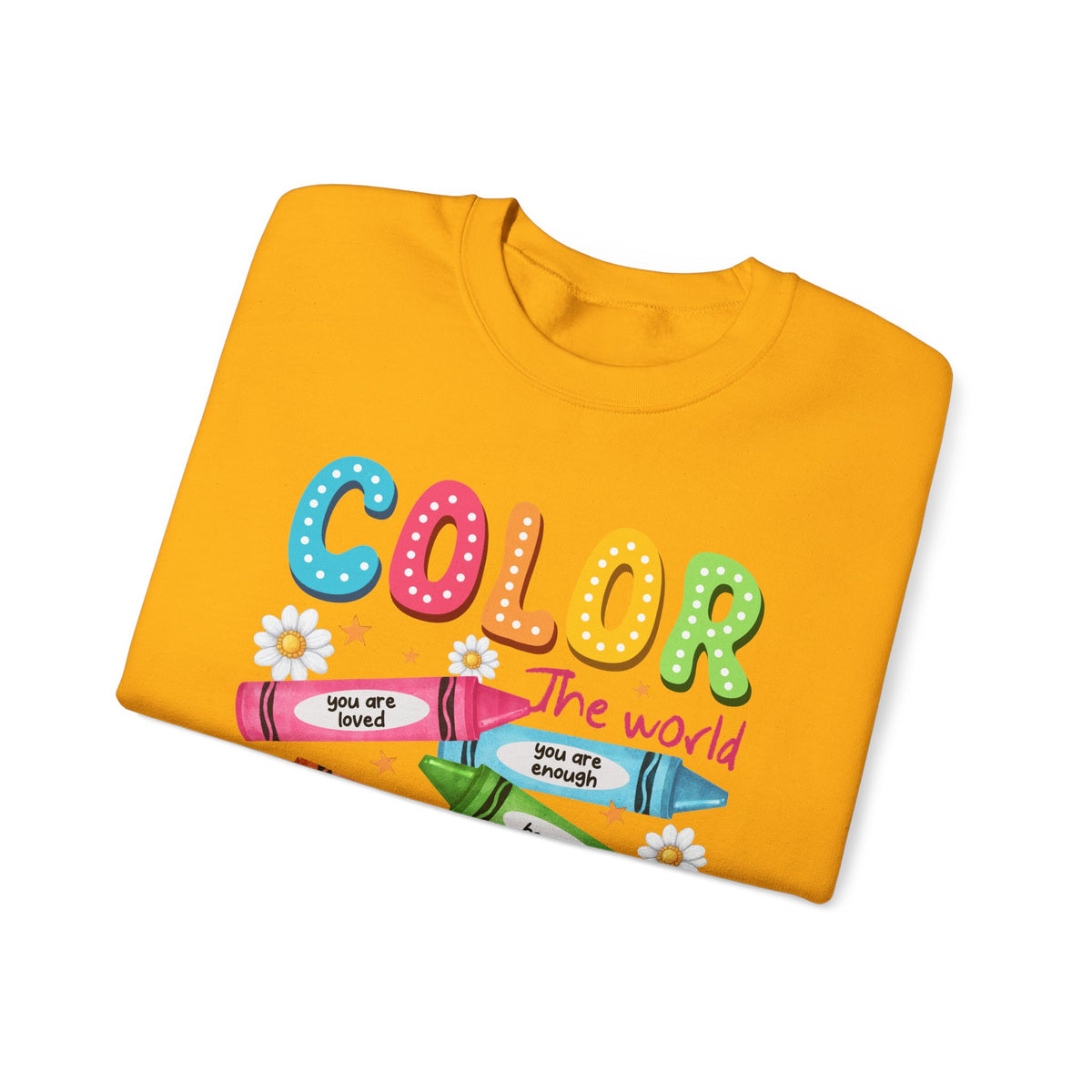 Color the World With Kindness Crayons, Great Teacher Gift – Gildan Heavy Blend | Trendy Women’s and Men's Soft Sweatshirt. Direct to Garment. Printed & Shipped in the USA. Unisex Sizes.