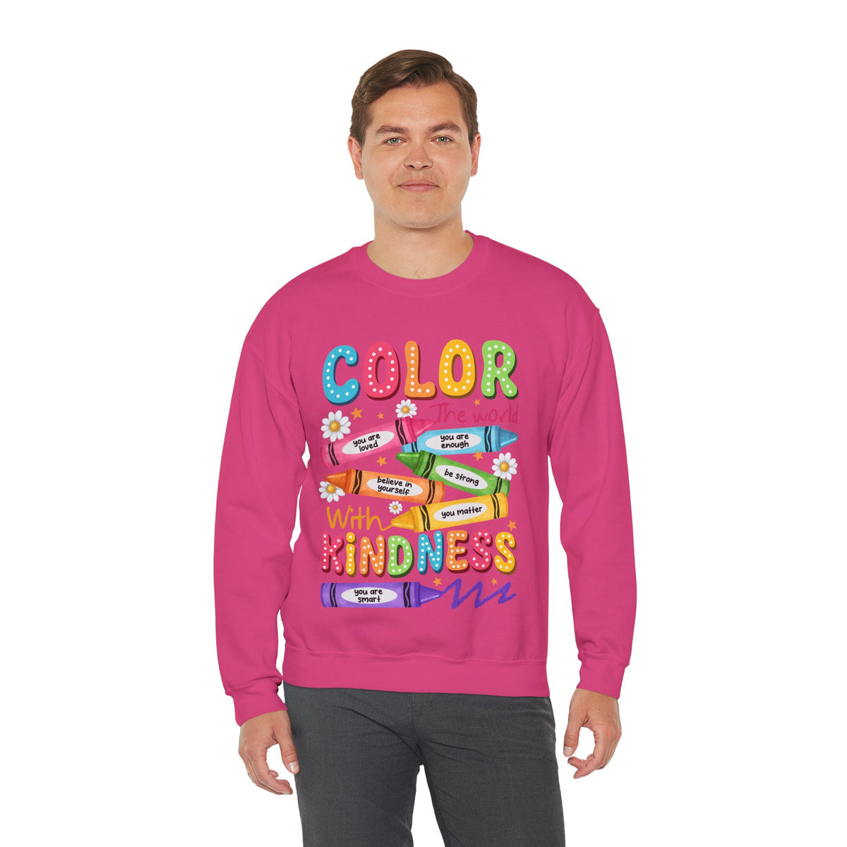 Color the World With Kindness Crayons, Great Teacher Gift – Gildan Heavy Blend | Trendy Women’s and Men's Soft Sweatshirt. Direct to Garment. Printed & Shipped in the USA. Unisex Sizes.