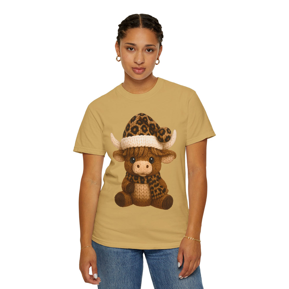 Cute Highland Cow with Leopard Santa Hat Christmas - Comfort Colors | Trendy Women's T-Shirt. Direct to Garment. Printed & Shipped in the USA. Unisex Sizes.