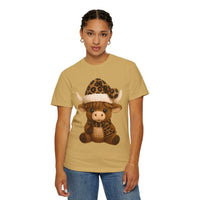 Cute Highland Cow with Leopard Santa Hat Christmas - Comfort Colors | Trendy Women's T-Shirt. Direct to Garment. Printed & Shipped in the USA. Unisex Sizes.