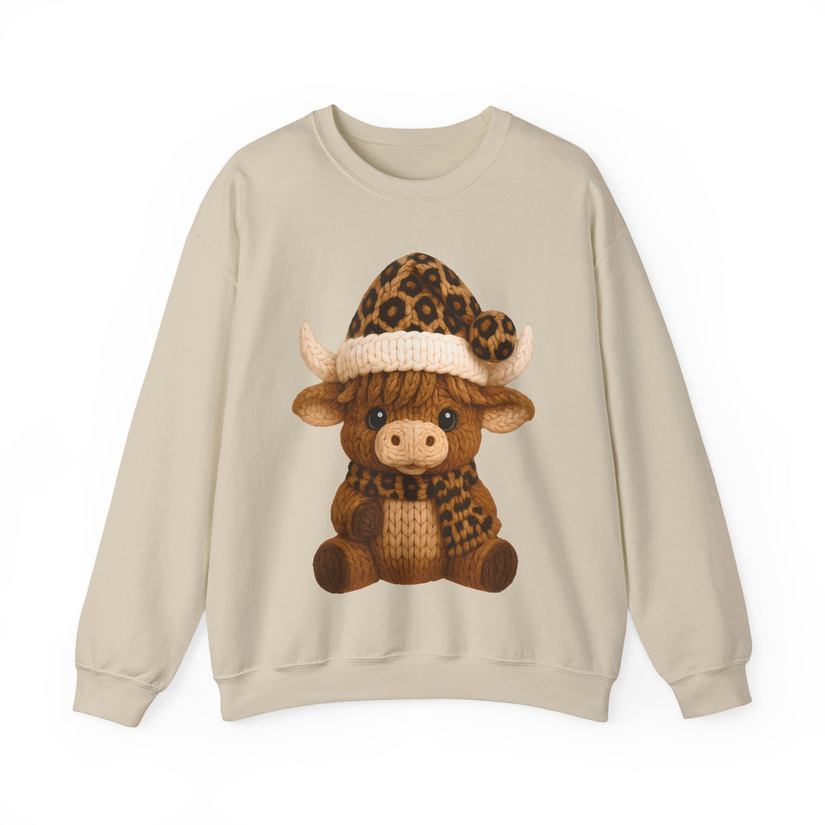 Cute Highland Cow with Leopard Santa Hat Christmas – Gildan Heavy Blend | Trendy Women’s Soft Sweatshirt. Direct to Garment. Printed & Shipped in the USA. Unisex Sizes.